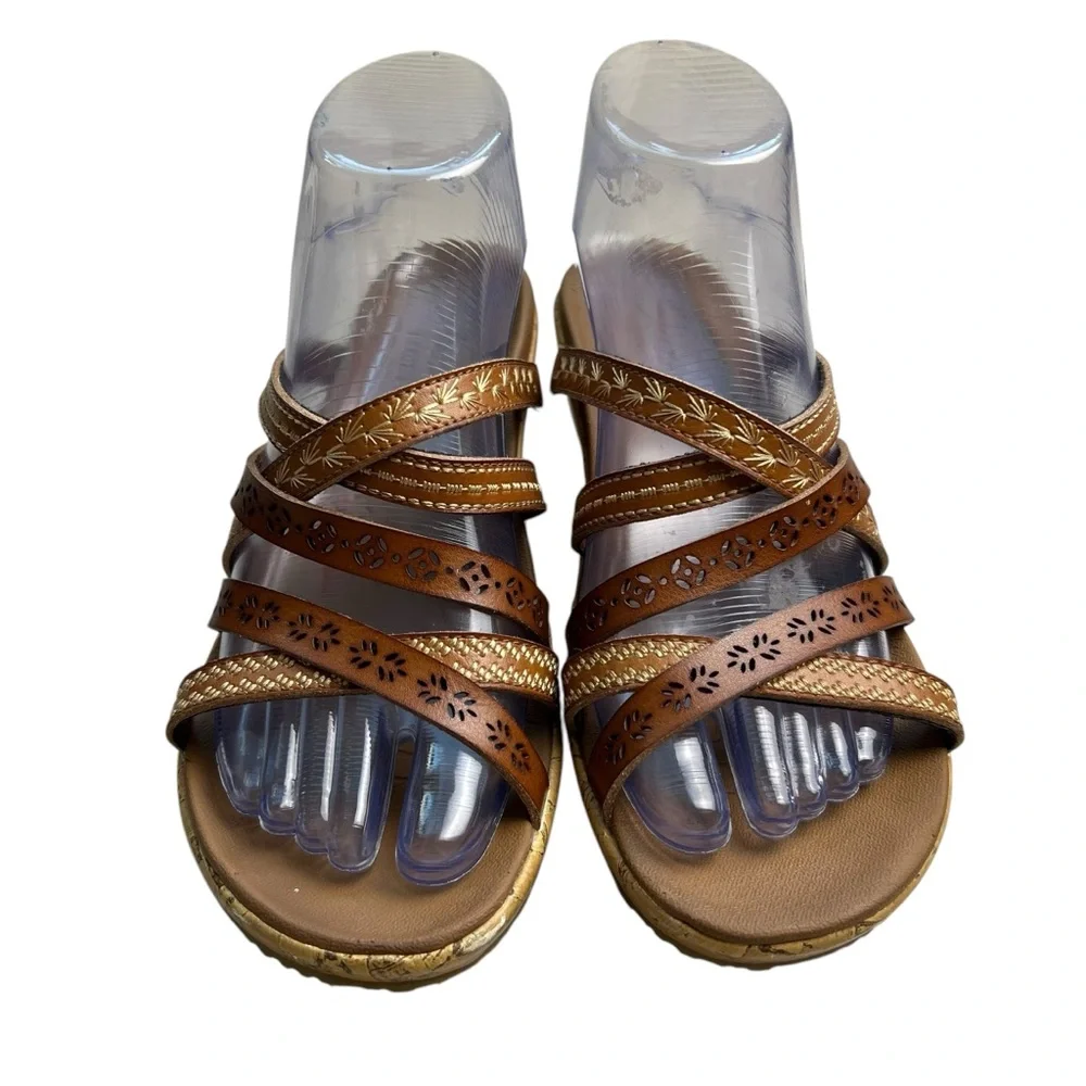 Skechers Beverlee Tiger Leather Strappy Size 6 Brown Cork Wedge Sandals - Picture 3 of 15